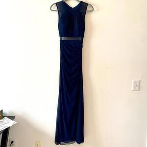 LA FEMME navy mush panel open back maxi gown